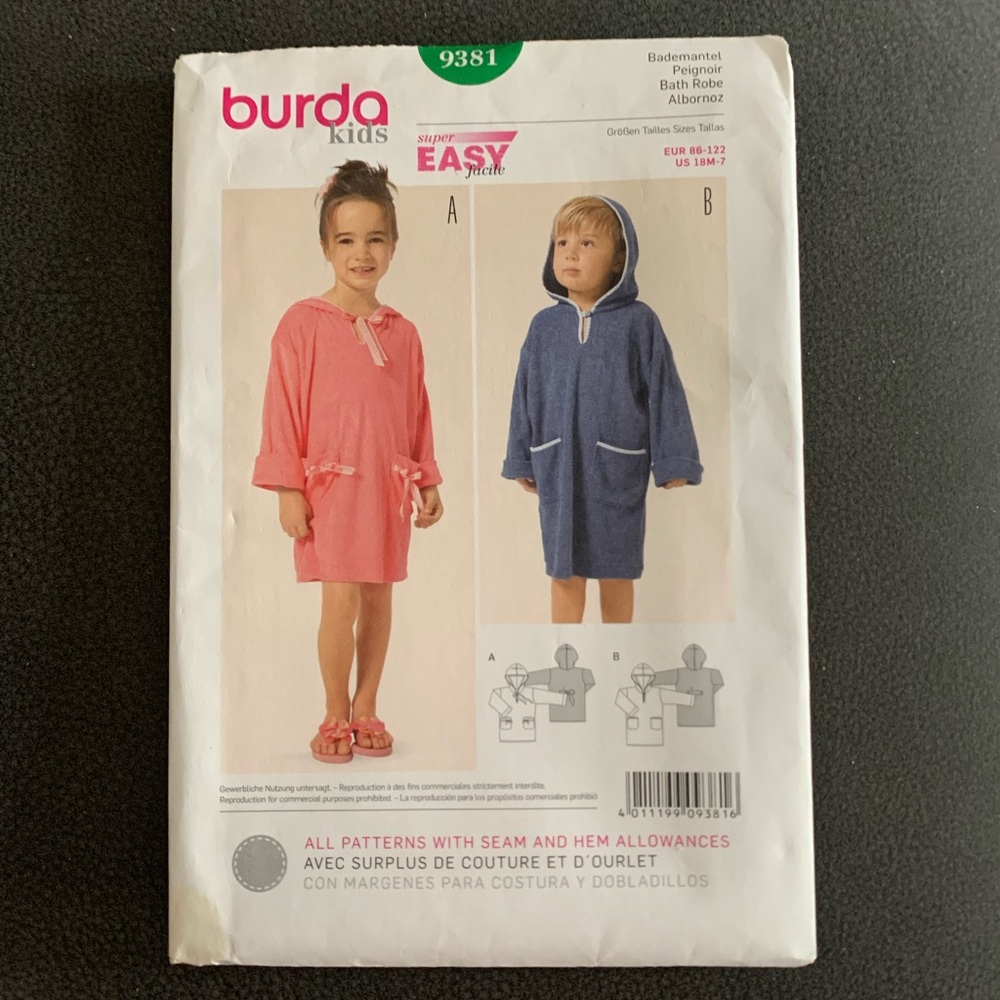 Burda Childrens Easy Sewing Pattern 9381 Pullover Bathrobe